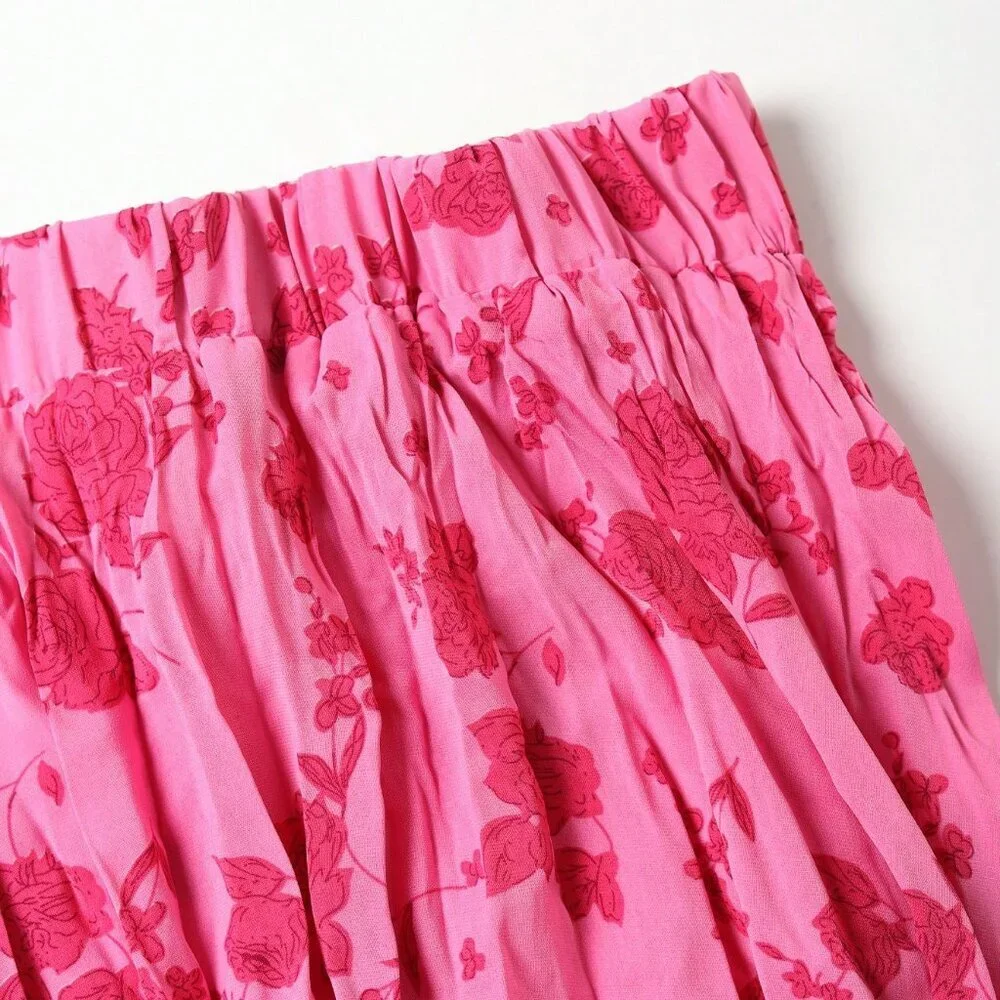 Rose Pink Boho Women's Plus Size Ditsy Floral Pleated Skirt